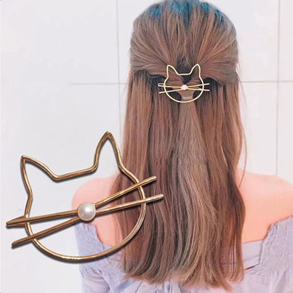 Women Girl Hollow Cute Cat Hairpin Hair Pin Barrette Pearl Hair Clip Women Girl Hollow Cute Cat Hairpin Hair Pin Barrette Pearl Hair Clip